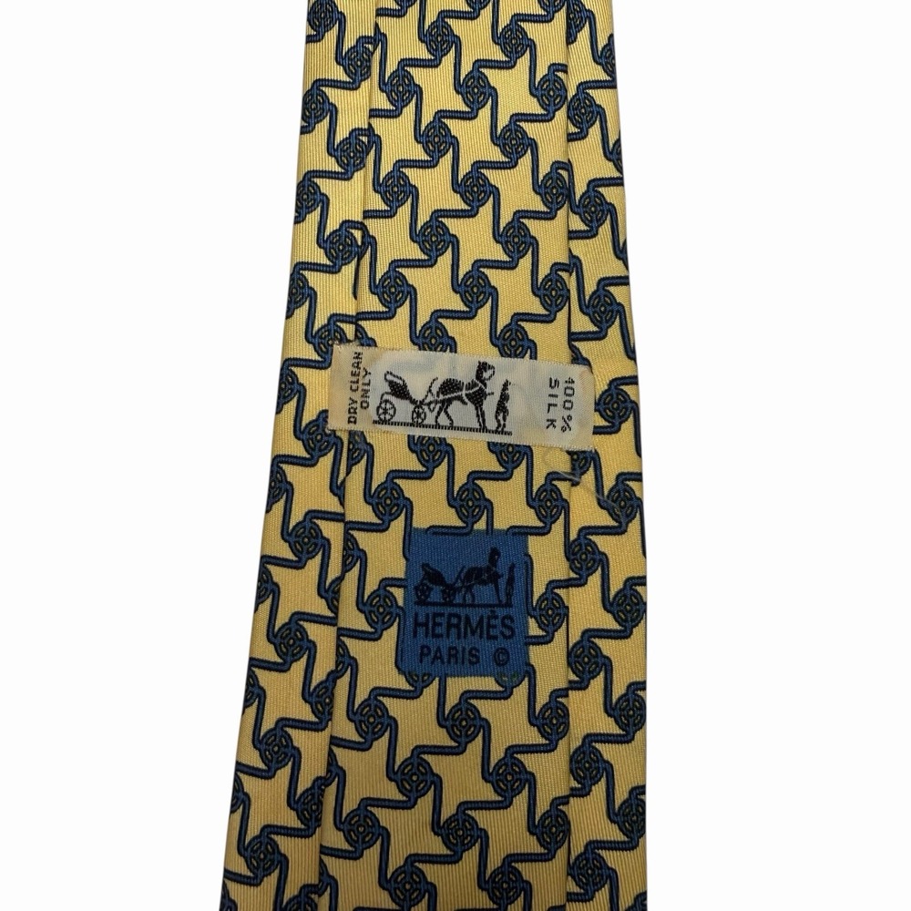 Hermes Men's Tie Geometric Yellow & Slate Blue Silk 7026 TA 3" (W) x 56" (L) euc